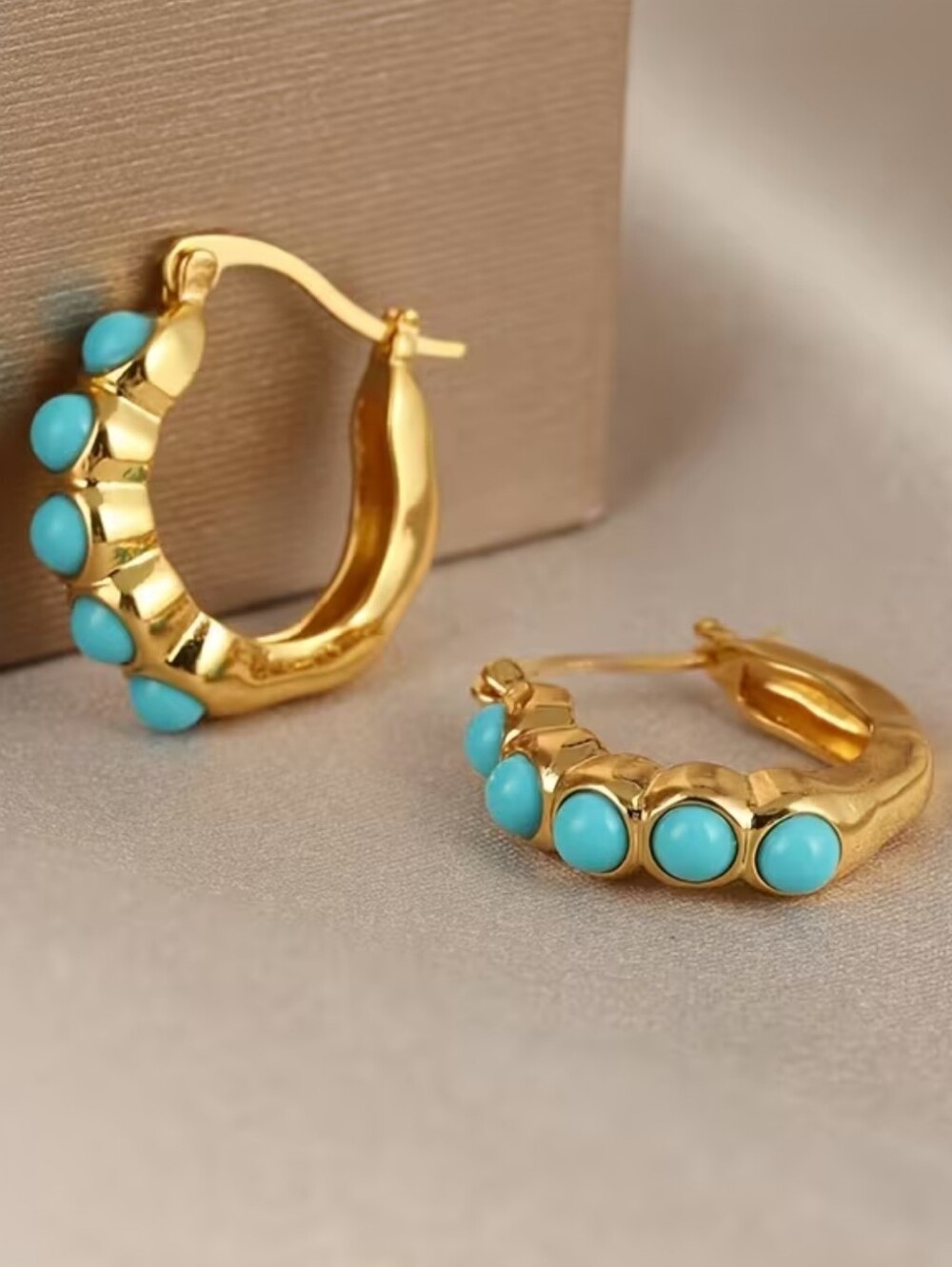 Boho Golden Wave Hoop Earrings With Faux Turquoise; Caribbean Inspired; NWOT